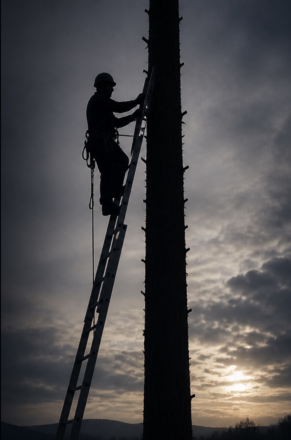 Engineer in high-visibility jacket working at height on a telegraph pole against a stormy sky